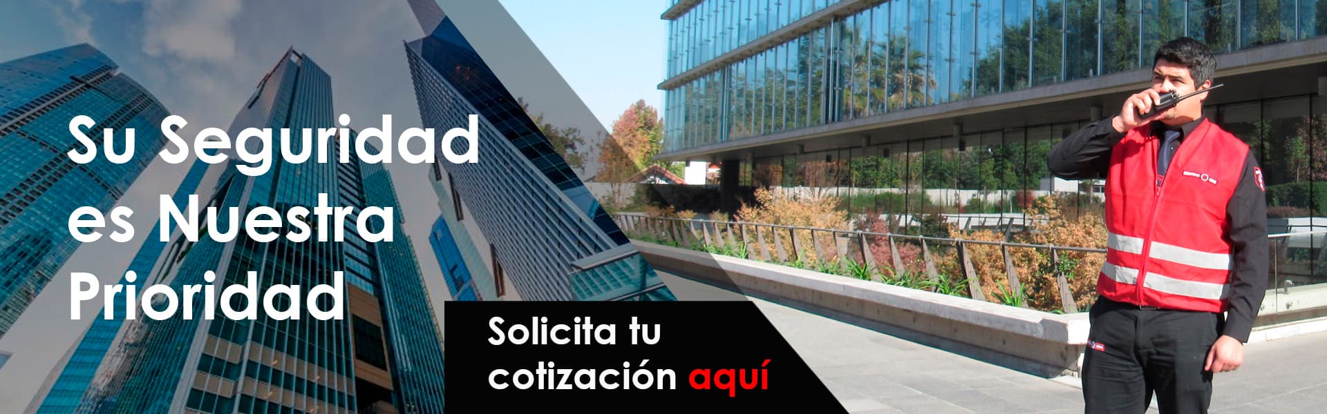 Su seguridad es nuestra prioridad: guardia de seguridad con radio frente a edificios corporativos. Solicita tu cotización.